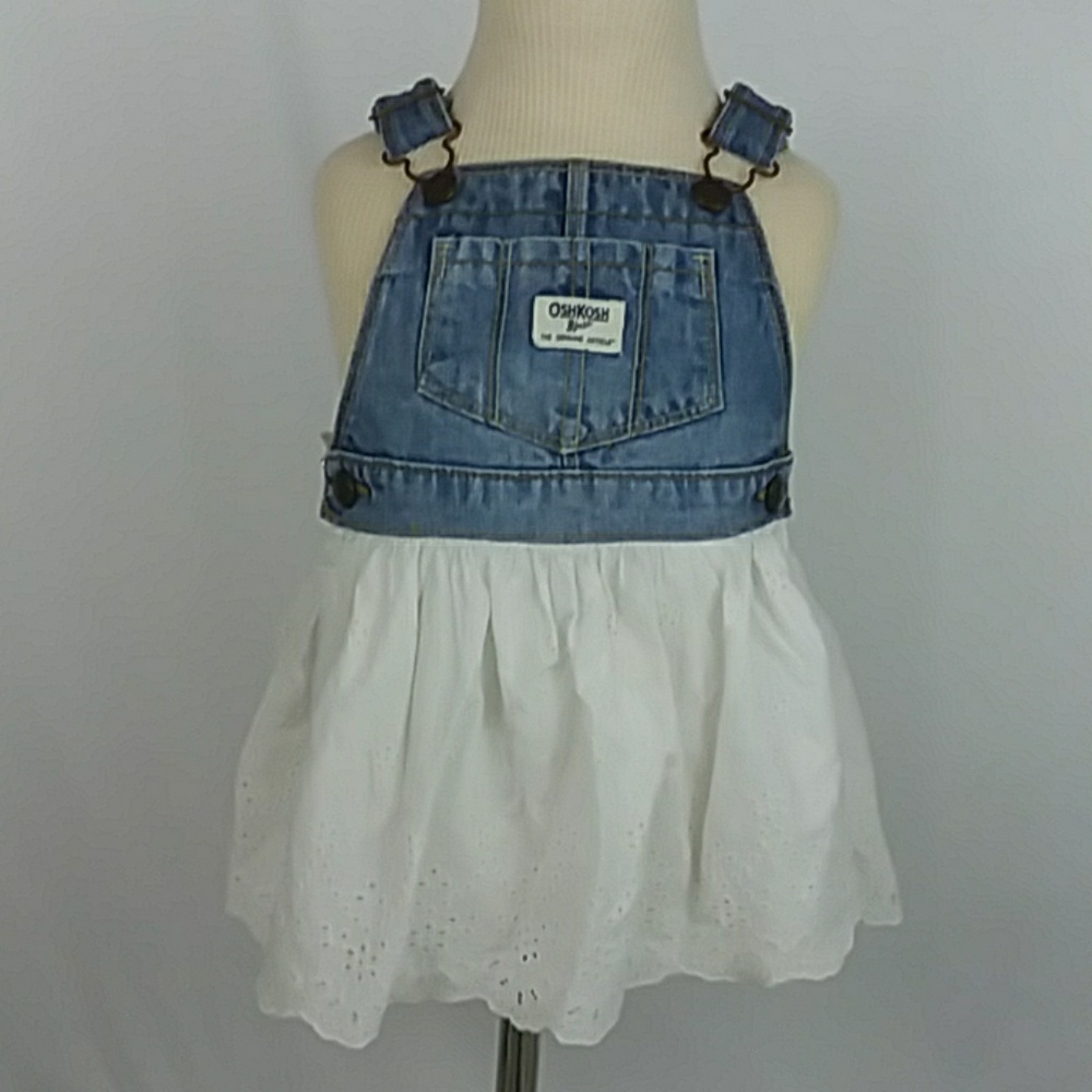 OshKosh Jean Overalls Dress White Eyelet Skirt 2T